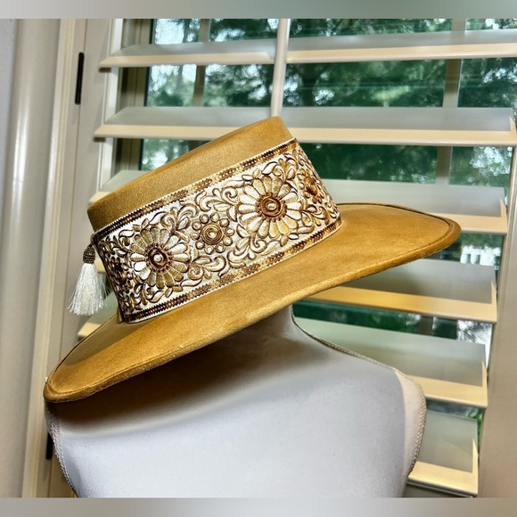 Hats N Roses Boater Sofia in Hazelnut w/ Floral Embroidered Band & Short Tassel main image 4